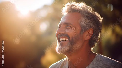 Senior trim man in gray t-shirt with neatly coiffed silver hair laughing and happy in the background of summer green outdoor garden. The health of the elderly. Joyful moments. Golden years