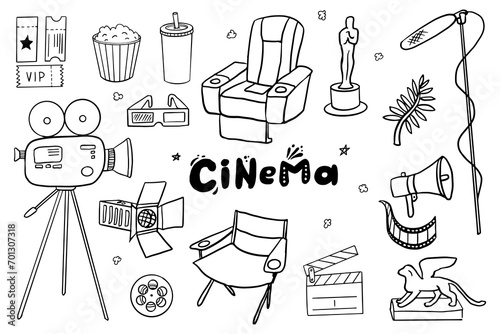 Movie and cinema theater hand drawn vector sketch collection. Multimedia maker equipment isolated on white background. Video, film production doodle design elements for poster, flyer, illustration