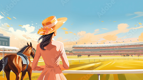 Woman In Beautiful Hat At Ascot Racecourse, Attending Horse Racing From Behind, Darby Racing, Generative Ai