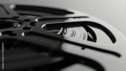 Close-up of a classic film reel in monochrome tones.