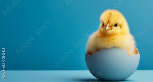 A small chicken in an eggshell on a blue background