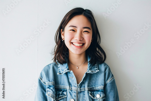 asian woman winking to camera smiling joyful standing white wall