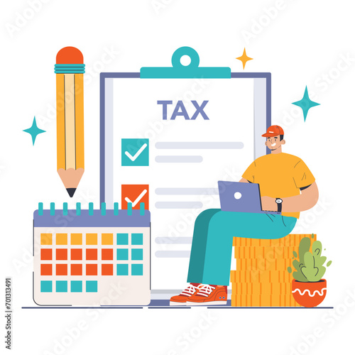Streamlined Tax Planning concept. An individual organizes taxes using a laptop, with a giant checklist and calendar signifying timely filing. Flat vector illustration