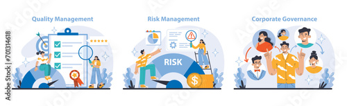 Strategy and management set. Exploring quality, risk management, and corporate governance. Prioritizing high standards, minimizing threats, ensuring ethical practices. Flat vector illustration.