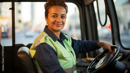 Smiling woman driving bus while working as professional driver.