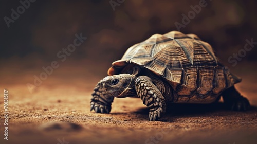 A photograph focuses on a smooth-carapaced giant tortoise, an aged turtle on a dirt ground.