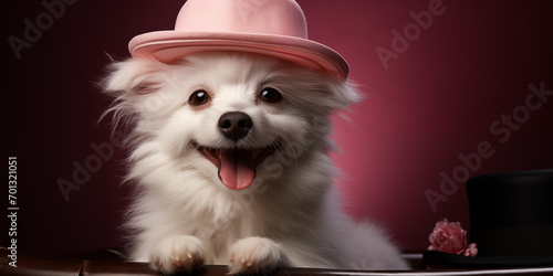 cute smiling white hairy pup dog, wearing a black hat, sitting ona a pink soft background, with the inscription