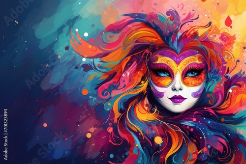Beautiful woman with carnival mask on colorful background. Abstract background February 26: Carnival Day or Mardi Gras