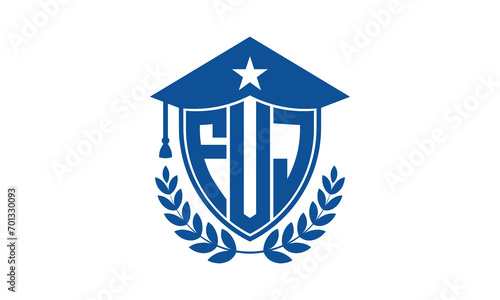 FUJ three letter iconic academic logo design vector template. monogram, abstract, school, college, university, graduation cap symbol logo, shield, model, institute, educational, coaching canter, tech