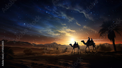Silhouette of two wise men riding a camel along the stars in the desert