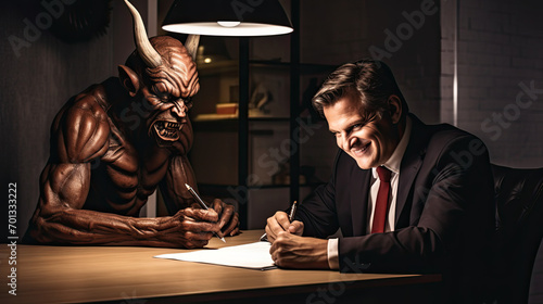 very thrilled man signing a contract and the devil is sitting with him in his office. A deal with the devil 