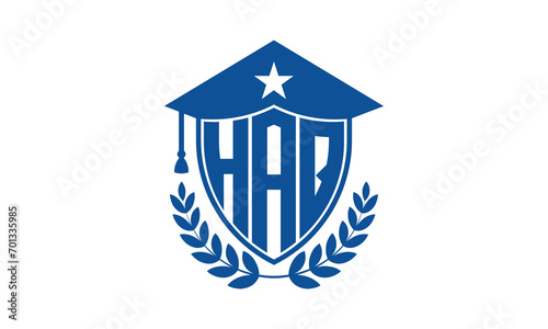 HAQ three letter iconic academic logo design vector template. monogram, abstract, school, college, university, graduation cap symbol logo, shield, model, institute, educational, coaching canter, tech