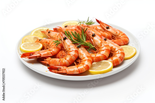 Delicious cooked shrimps served with lemon, pepper and rosemary on white background