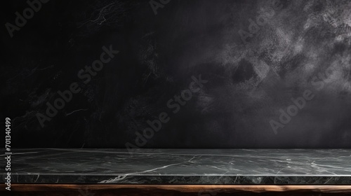 Empty table ,marble black countertop on black wall background, luxury product presentation, copy space, 16:9