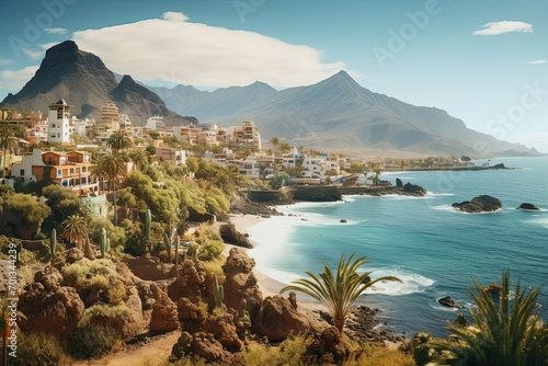 Tourism in Canary Islands. Spain beaches. Panorama of village coast, banana trees in Tenerife.