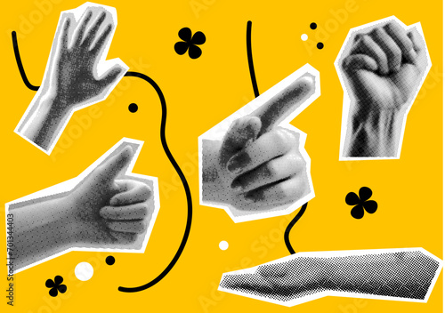 hand, fist, palm, dots Punk y2k black and colour collage elements set