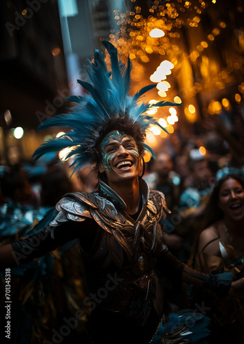 Brazilian carnival, people in costumes, musicians, feathers, sequins, drums