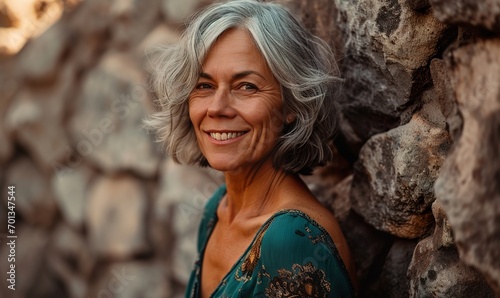 Portrait of a 60 year old, gray hair, wavy bob haircut, standing against a stone wall outdoors