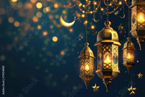 Ramadan Kareem background with a combination of shining hanging gold lanterns. Generative AI.