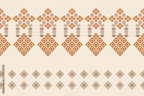 Ethnic geometric fabric pattern Cross Stitch.Ikat embroidery Ethnic oriental Pixel pattern brown cream background. Abstract,vector,illustration. Texture,clothing,frame,motifs,silk wallpaper.