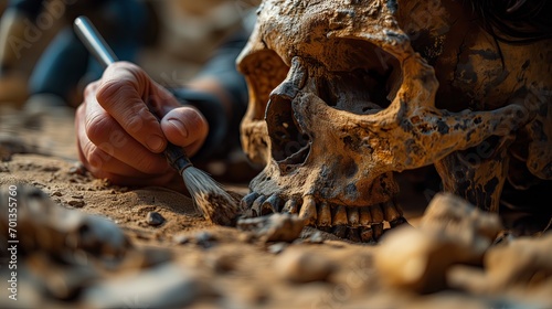 the hands of a paleontologist using a brush to dust off ancient human skeletal remains. 