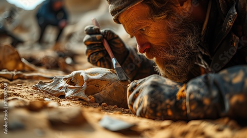 the hands of a paleontologist using a brush to dust off ancient human skeletal remains. 