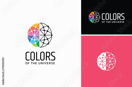 Modern Globe Wireframe with Colorful dots link for Global Network Connection logo design