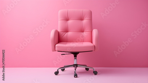 An elegant leather pink office chair placed on a shiny floor in front of the wall in the empty room. Nobody, copy space