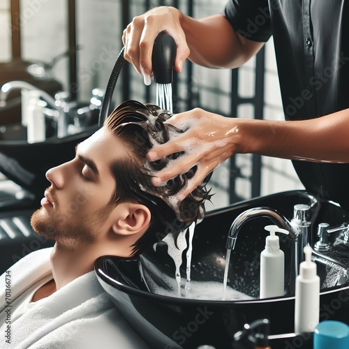 Professional stylist worker or hairdresser is washing customer hair with shampoo and water at professional sink in beauty salon.