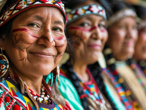 Smiling native indigenous people of USA, native americans dressed in colorful native clothes