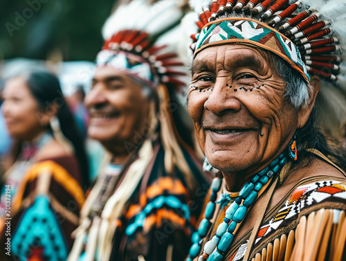 Smiling native indigenous people of USA, native americans dressed in colorful native clothes