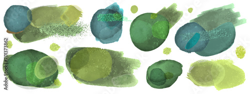 Set of abstract green and blue watercolor splashes, spots and brush strokes isolated on white background. Hand drawn design elements collection. Vector illustration