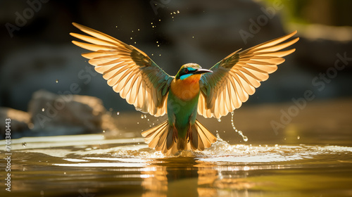 A Vibrant Blue-Tailed Bee-Eater Dives Towards a Shimmering Lake