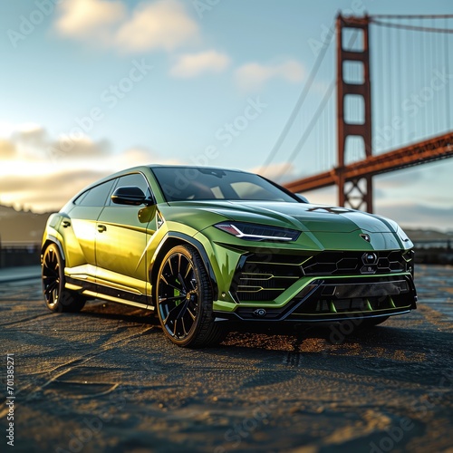 Green Lamborghini Huracan. in the city against the blue sky. Luxurious lifestyle. AI generated.