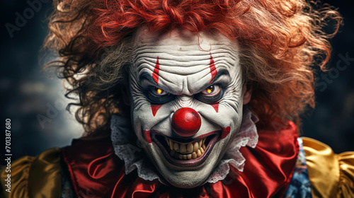 coulrophobia: an extensive, ultra-realistic portrayal of the deep-seated fear of clowns, capturing the unease, terror, and psychological distress evoked by their exaggerated features - ai generated