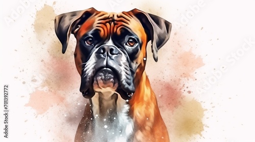 Watercolor illustration of boxer dog portrait with.Generative AI