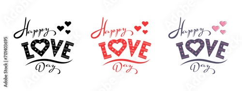 Happy Love Day. Black, red and colored hand lettering and calligraphy with cute hearts isolated on white background. Valentine's day template or background for love and valentine's day concept.