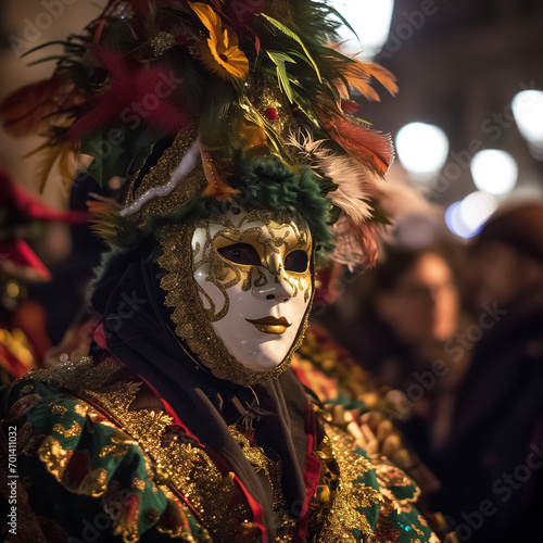 Personnage déguisé pour le Carnaval - Homme portant un masque et un costume festif pour la célébration traditionnelle du Carnaval - Image crée à l'aide de l'IA avec Midjourney