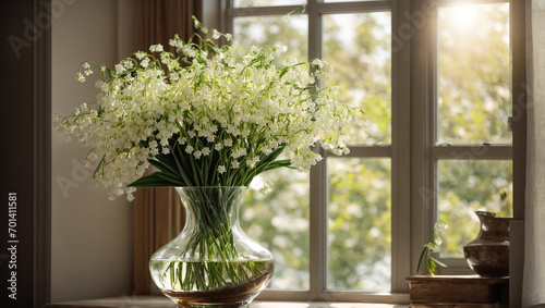 Vase with lilies of the valley in the room
