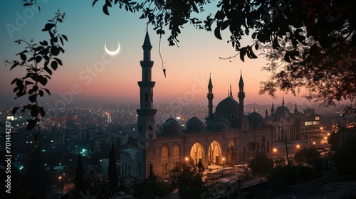 Beautiful mosque under the crescent shaped moon at night in ramadhan month