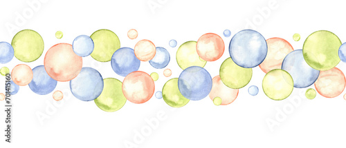 Seamless border of polka dots. Multicolored circle in soft pastel colors. Creative minimalist style. Splashes, bubbles, round doodle spots. Watercolor illustration isolated on white.