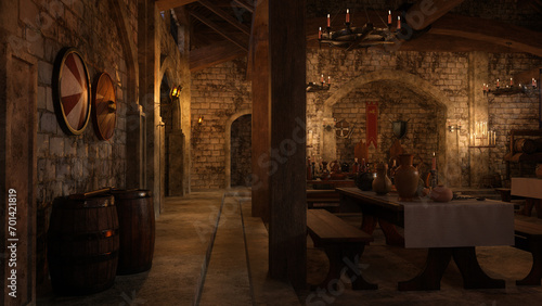 Old medieval dining hall at night with Viking shields hanging on the wall. 3D rendering.