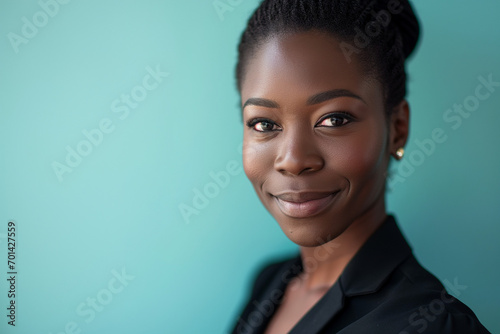 Portrait headshot of a young black female businesswoman boss leader looking confident