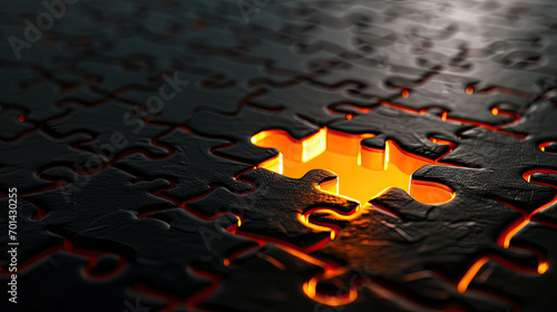 Radiant Connection: Glowing Orange Puzzle Piece on Ebony Canvas. Generative AI