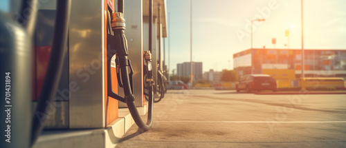 Colorfull fuel gasoline dispenser background. Fuel pumps station close up, copy space, Gas station with clouds and blue sky, Man handle pumping gasoline, Generative AI