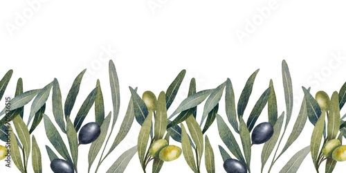 Seamless border with watercolor olive tree branch with leaves and olives fruit isolated on white. Hand painted floral illustration for wedding stationary, greetings, wallpapers, print, fabric.
