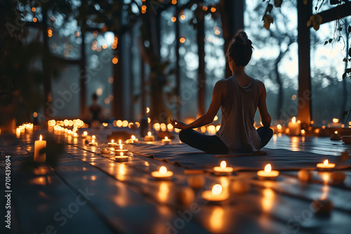 A tranquil moment as a young woman engages in a gentle yoga pose amid soft candlelight creating a serene meditation scene. Ai generated