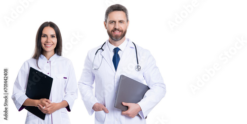 professional physician with internist. medicine and healthcare. doctor at hospital. two doctor hold medical prescription. doctor and nurse with clipboard isolated on white. online service