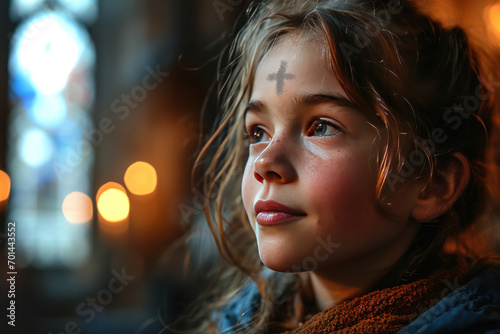 Girl with cross made from ash on forehead. Ash wednesday concept