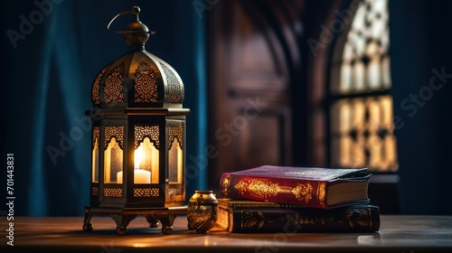 Traditional Arabic vintage lantern with holy quran near window background. Generate AI